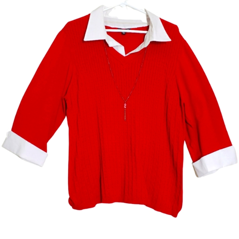 Notations Red sweater with white collar and silver necklace